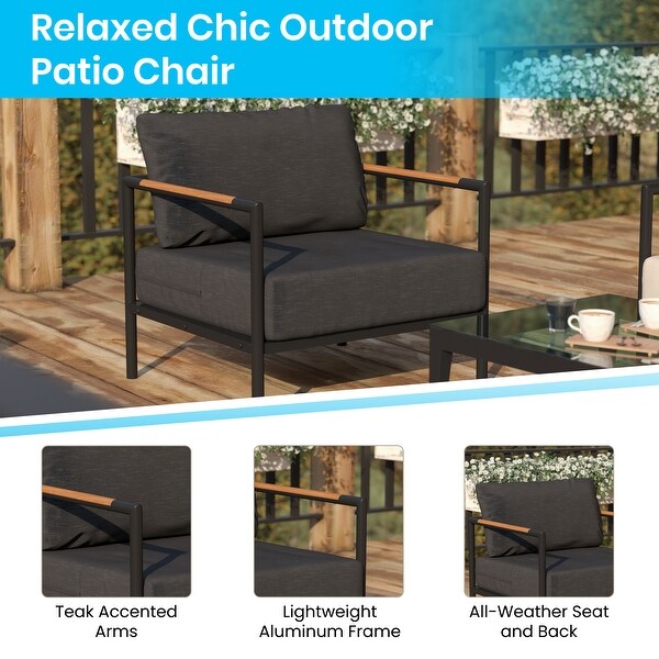 Aluminum Frame Patio Chair with Teak Arm Accents and Plush Cushions