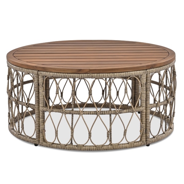4Piece Wicker Patio Conversation Set with Beige Cushions,With Wood Tabletop