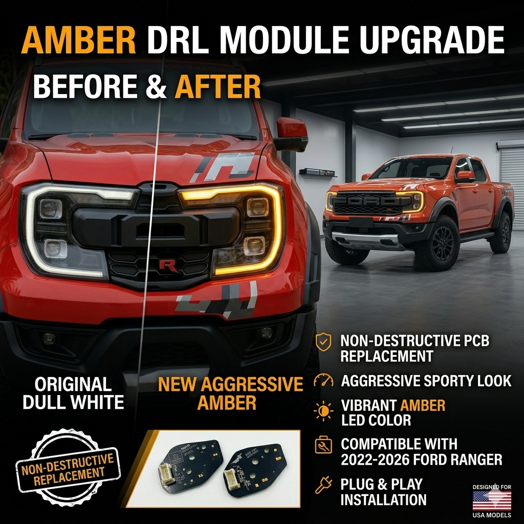 Raptor-Style Amber LED Daytime Running Light (DRL) Kit for Ford Ranger (2022-2025) | Waterproof Amber Accent Grill Lights | Plug & Play Installation