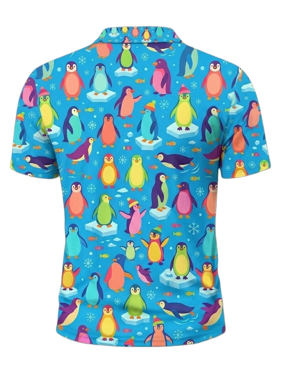 Moisture Wicking Golf Polo 3D Colorful Penguin Button Short Sleeve Golf Polo Shirt