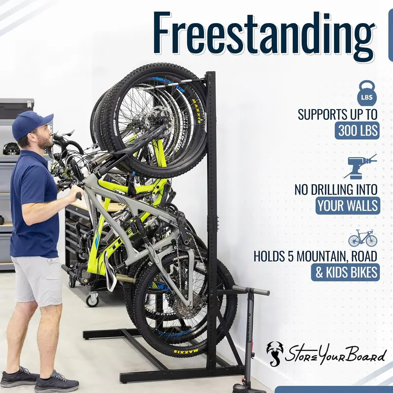 StoreYourBoard Teal Triangle Freestanding Bike Rack – Holds 5 Bikes, Space-Saving Vertical Storage