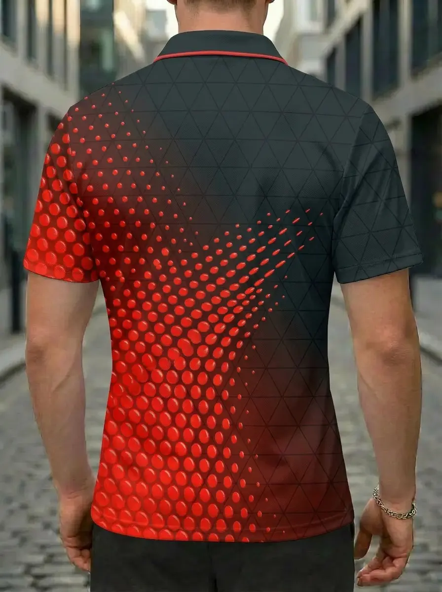 Moisture Wicking Golf Polo 3D Black Red Dot Gradient Button Short Sleeve Golf Polo Shirt