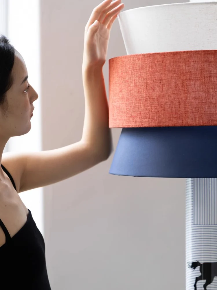 LA047 - HERM@S Classic Linen Blue Orange Spliced Floor Lamp Mesh Printing 3-color Light Study Living Room Bedroom