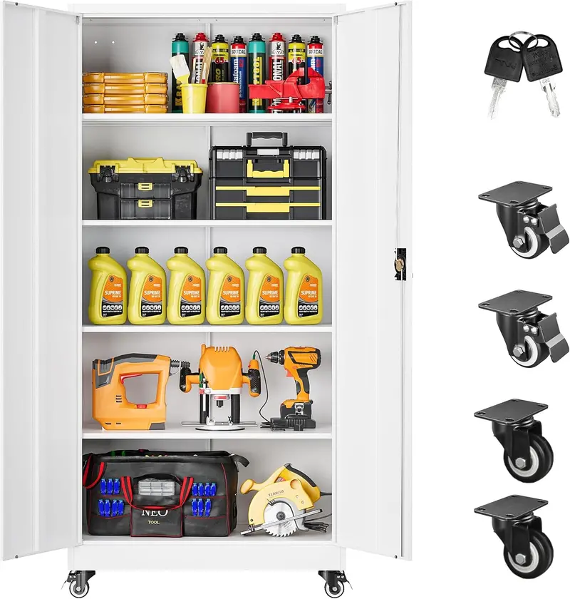 Rolling Heavy-Duty Metal Storage Cabinet – 75-Inch Tall Garage Locker on Casters