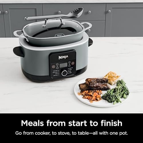 8.5 Quart Multi-Cooker, with 8-in-1 Slow Cooker, Dutch Oven, Steamer, Glass Lid Integrated Spoon, Nonstick, Oven Safe Pot to 500°F, Sea Salt Gray