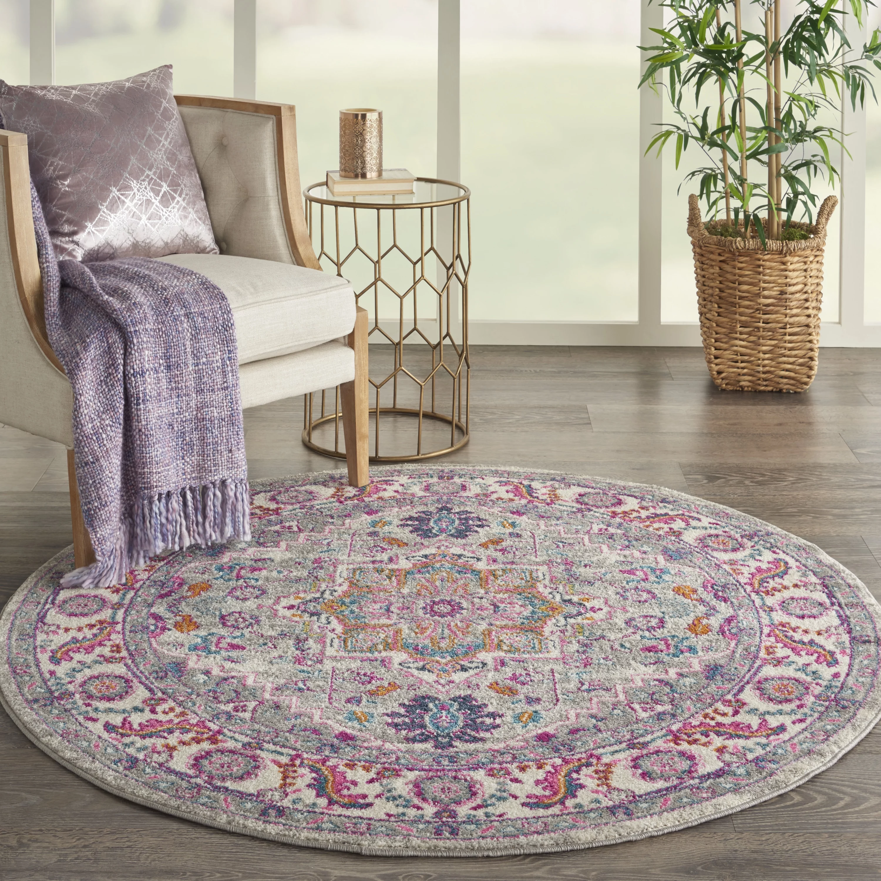 Nourison Passion Light Grey/Pink 4' x Round Area Rug, Boho, Transitional, Bed Room, Living Room, Dining Room, Kitchen, , Easy Cleaning, Non Shedding (4' Round)