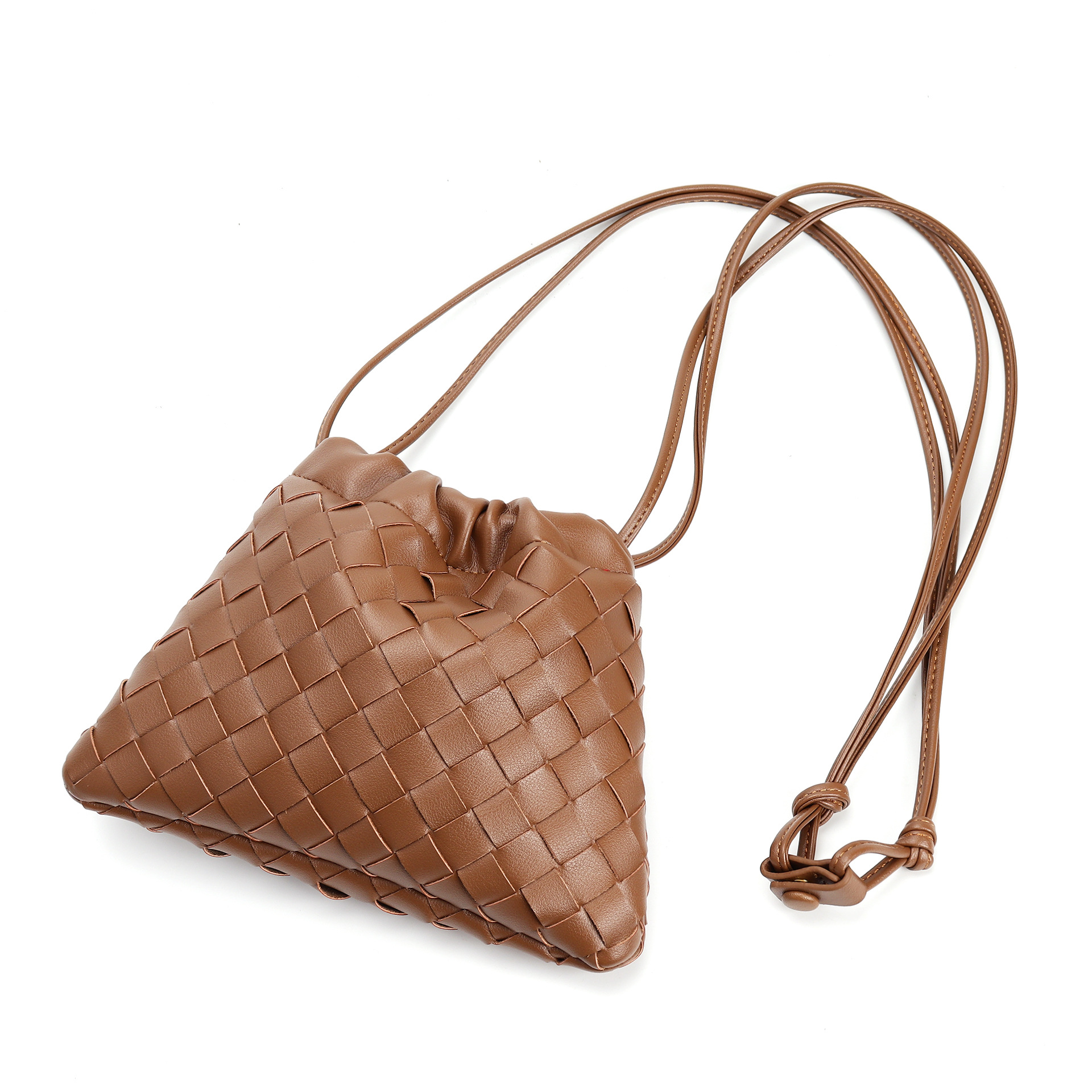 Tan Brown Woven Leather Drawstring Crossbody Pouch