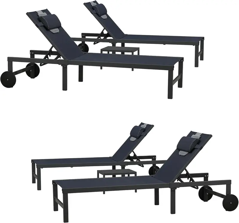 PURPLE LEAF Tanning Lounge Set – Adjustable Aluminum Reclining Chairs with Face-Down Hole, Wheels, Pillows & Matching Table