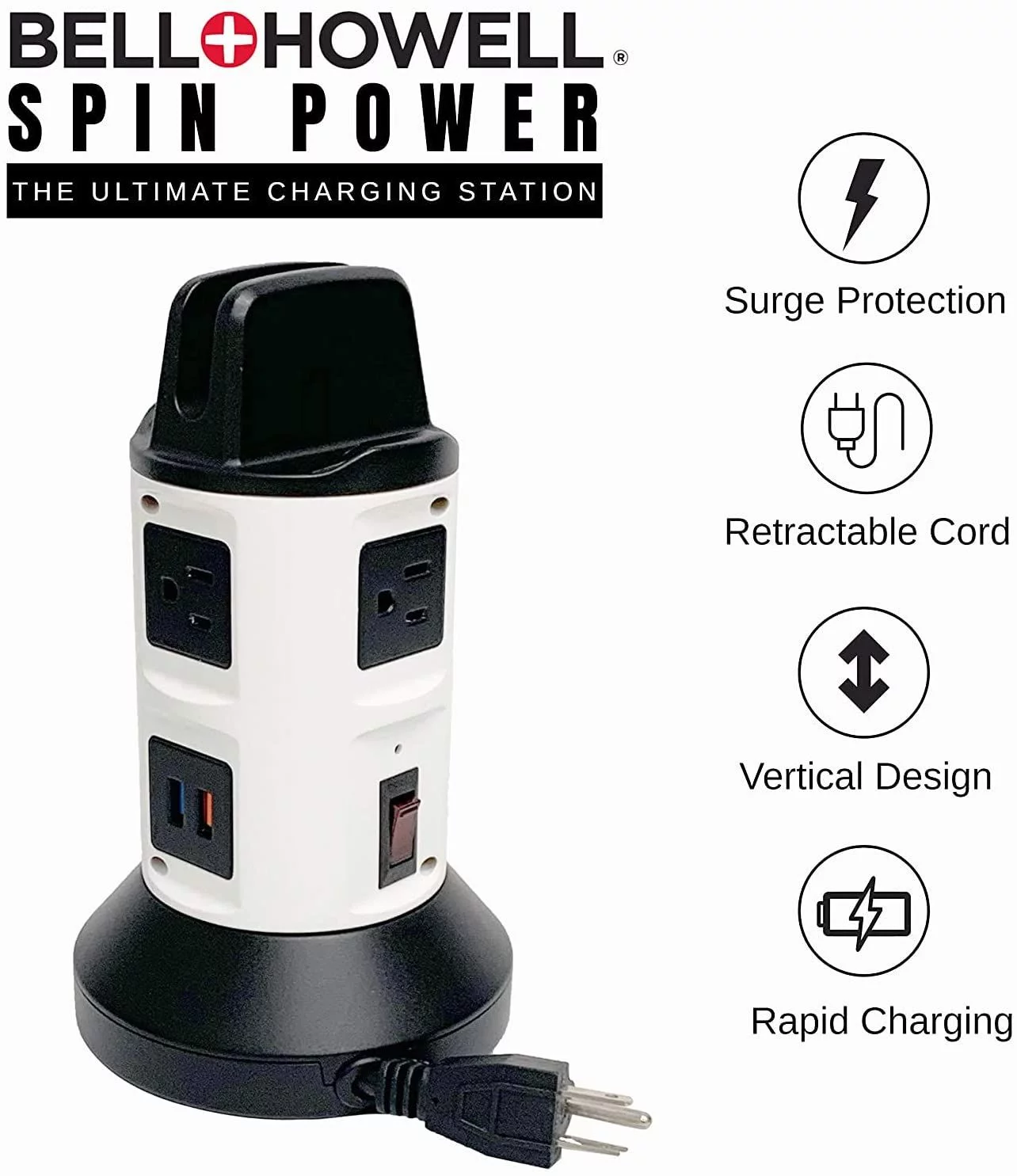 Spin Power Smart Charging Station, Multi Outlet including USB Ports and 7 Ft. retractable Cord