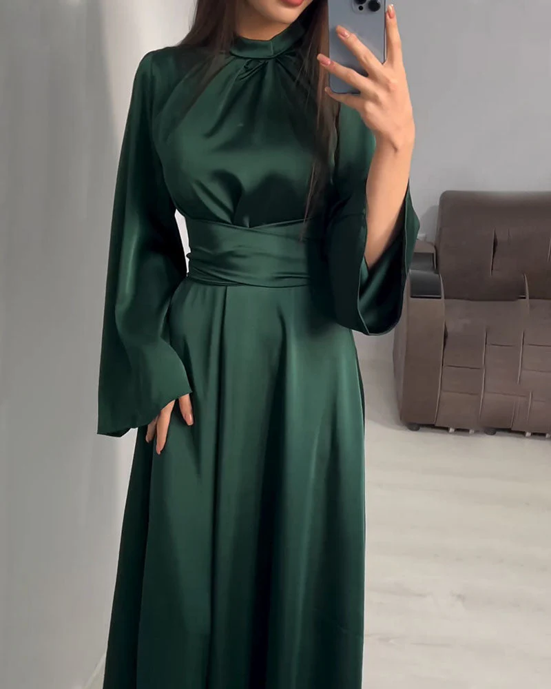 Elegant Mock Neck Bell Sleeve Satin DressClistos