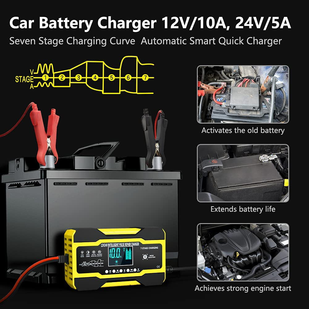 10-Amp Battery Charger Automotive, 24V And 12V Car Battery Charger, Battery Maintainer with Temperature Compensation for Car, Lawn Mower, Motorcycle, Boat, SUV And More
