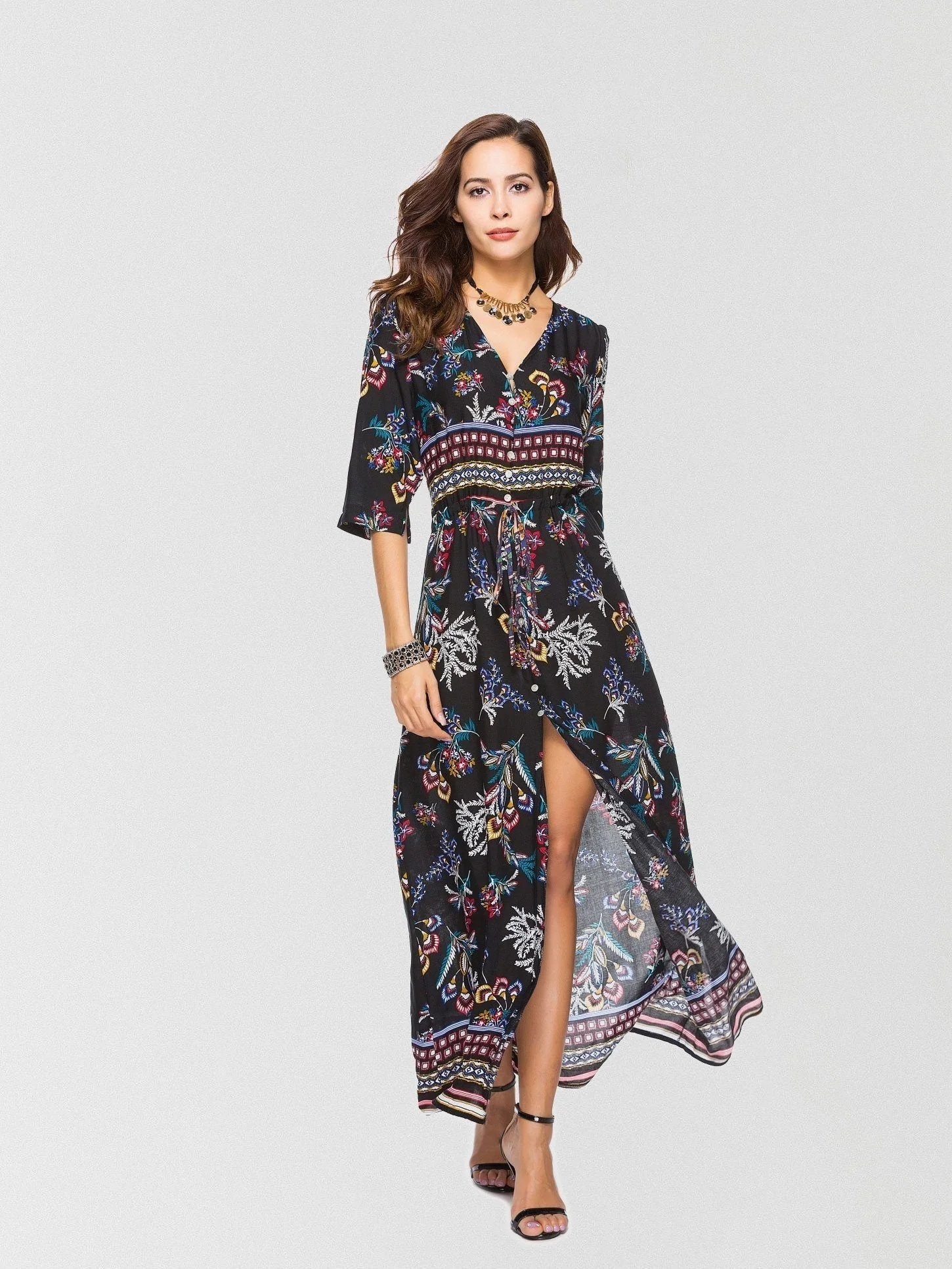 Floral Maxi Dress with Slit & V-NeckClistos
