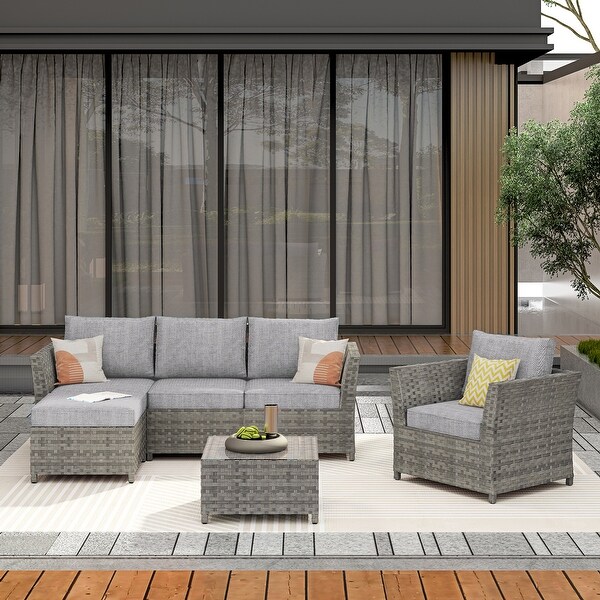 OVIOS 6Piece Patio Grey Wicker Conversation Set