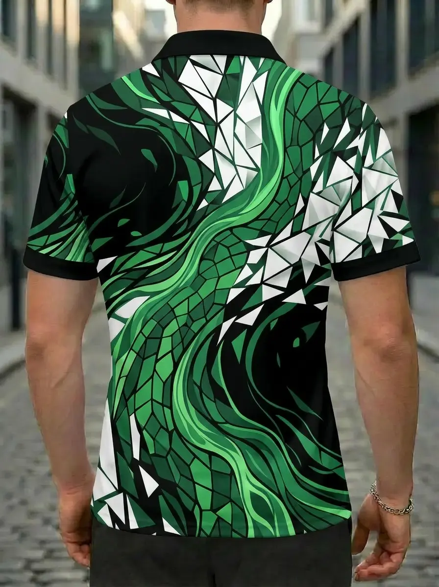 Moisture Wicking Golf Polo 3D Green Black White Dragon Scale Button Short Sleeve Golf Polo Shirt