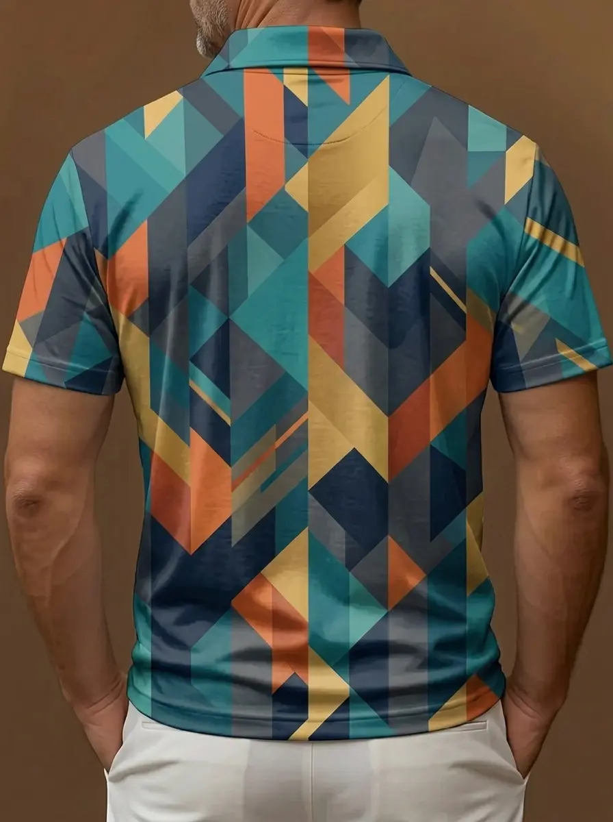 Teal Orange Yellow Chevron Geometric Print Short Sleeve Golf Polo Shirt