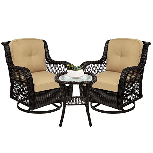 Best Choice Products 3-Piece Outdoor Wicker Patio Bistro Set w/ 2 360-Degree Swivel Rocking Chairs and Tempered Glass Top Side Table - Rust
