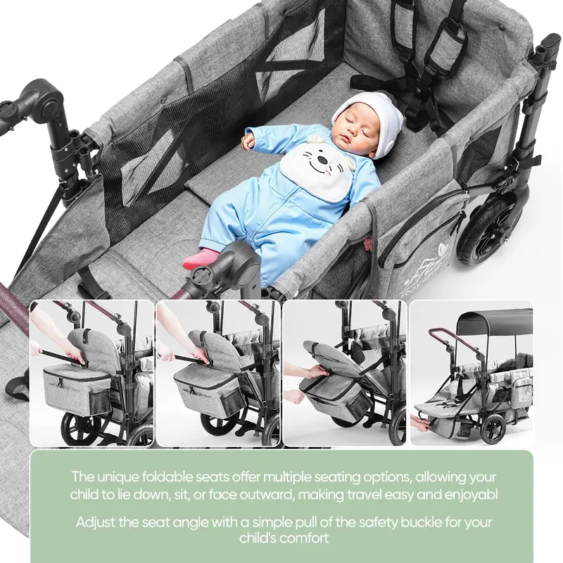Premium 2-Child Wagon Stroller – Convertible Bassinet Option, Removable Canopy, Snack Tray, 5-Point Safety Harness & All-Terrain PU Wheels