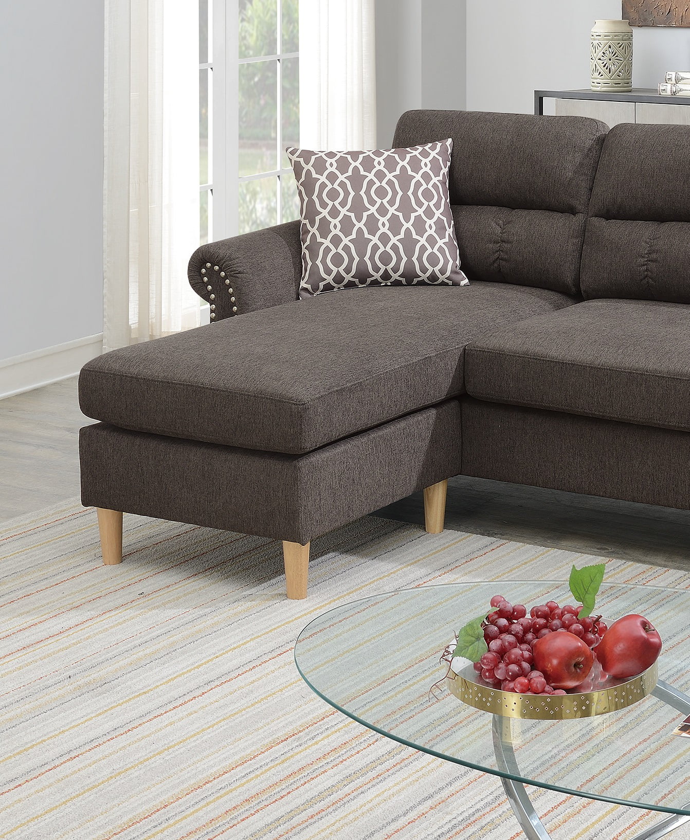 Bornmio Tan Color Polyfiber Reversible Sectional Sofa Set Chaise Pillows Plush Cushion Couch Nailheads