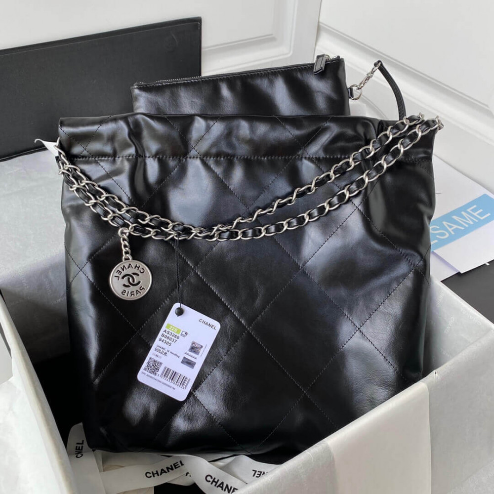 Chanel 22 Small Handbag Shiny Calfskin Black Silver