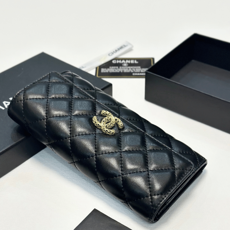 Chanel Quilted Long Flap Wallet Black 7.7 Inches