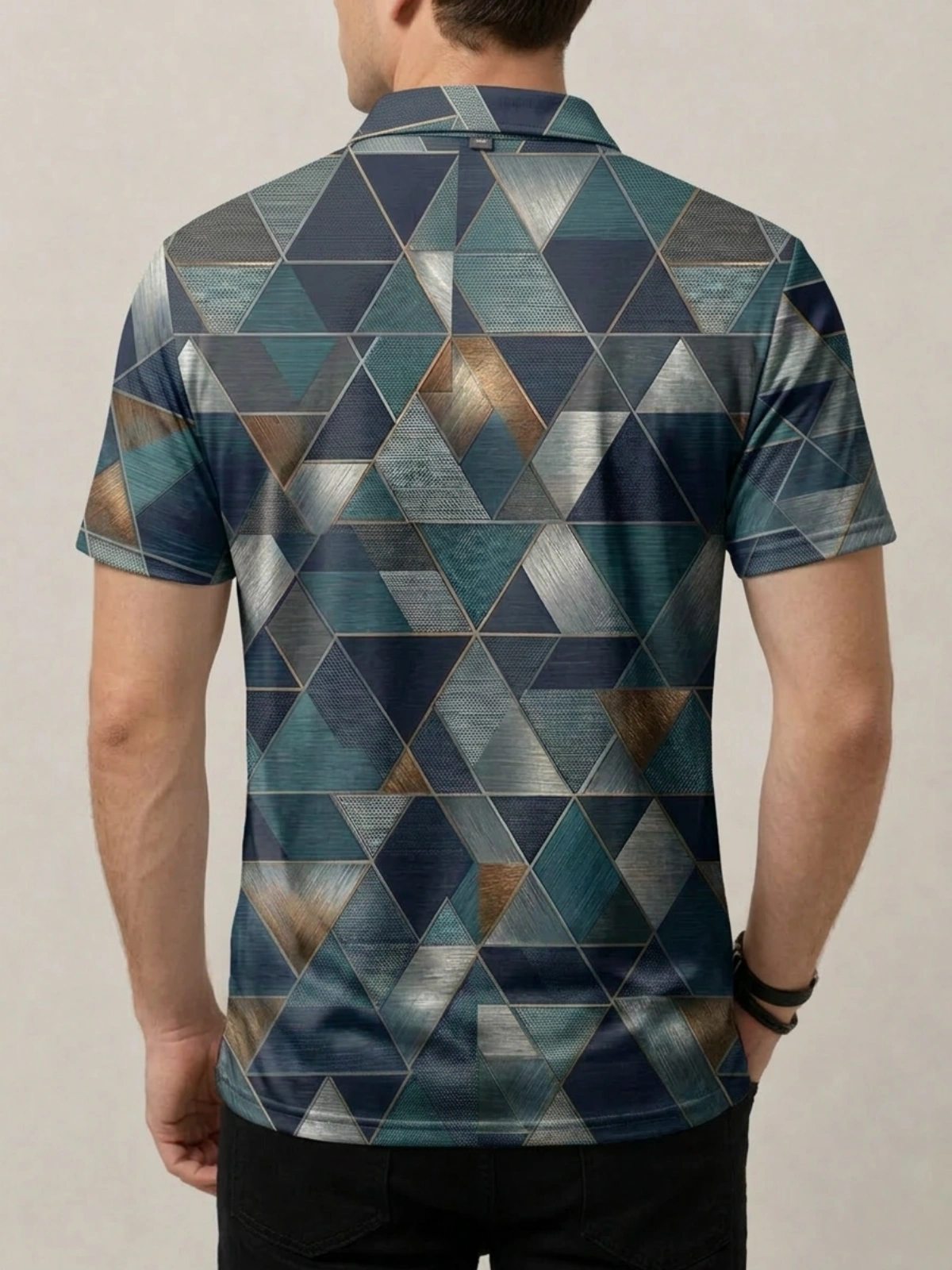 Blue Teal Bronze Geometric Triangle Print Short Sleeve Golf Polo Shirt