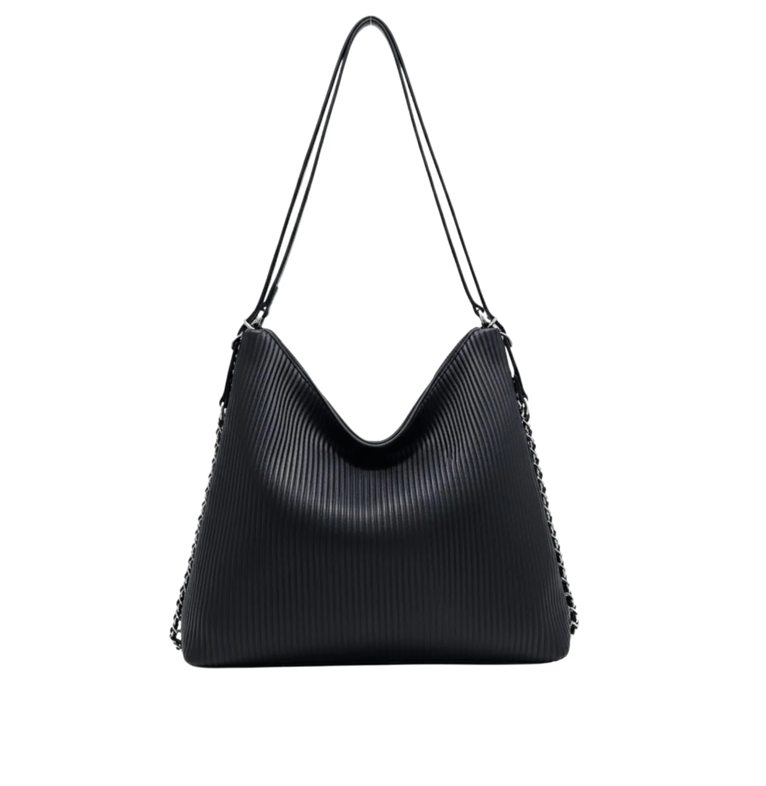 Chanel Bag | Hobo Shoulder Bag Ribbed Texture Silver Chain Straps