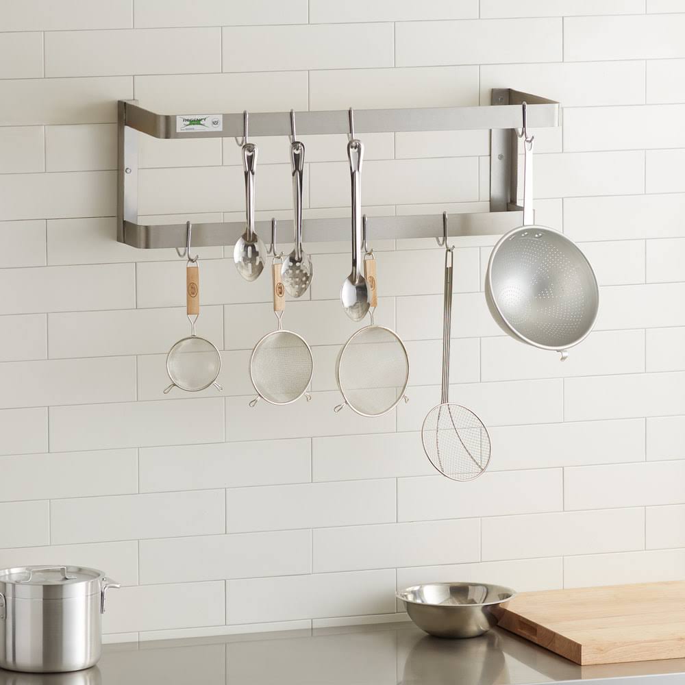 Regency 36x22 Stainless Steel Wall Mounted Double Line Pot Rack with 18 Galvanized Double Prong Hooks