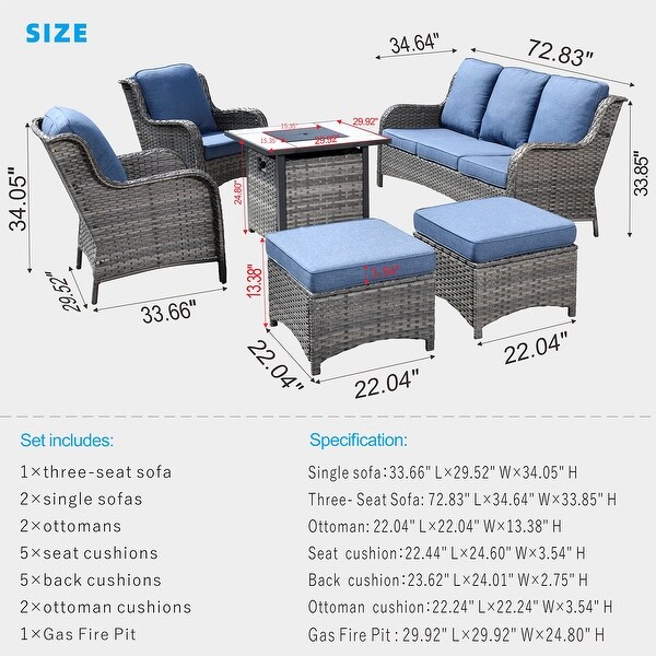 OVIOS Grey Wicker 6piece Patio Furniture Set With Fire Pit