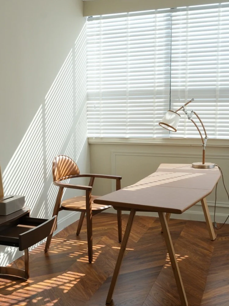 YA018 (Desk) - H Gold Brown Leather Arc-shaped Desk White Waxwood Legs Modern Home Simple Computer Desk Long Table