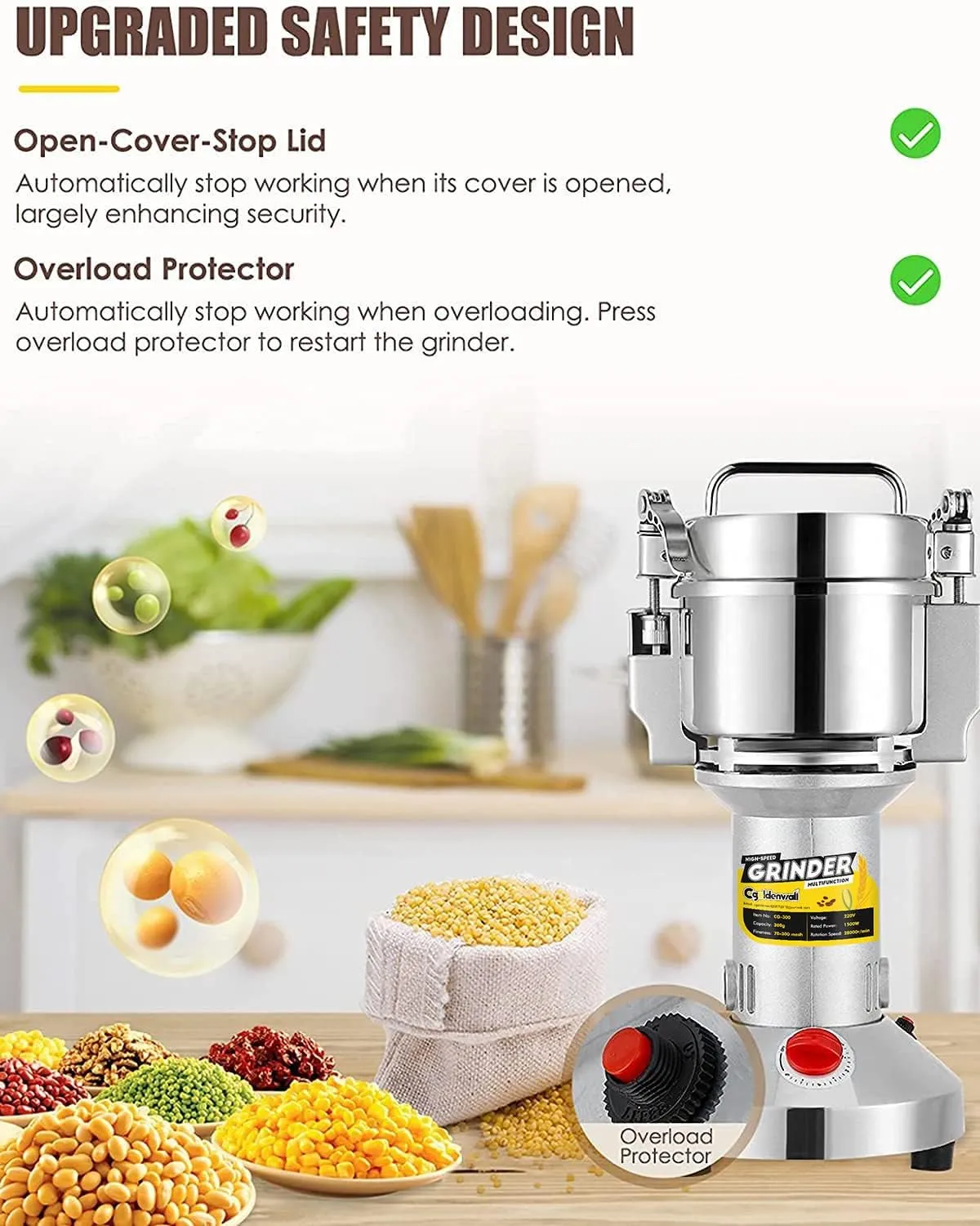300g Electric Grain Grinder Mill Safety Upgraded 1500W High-speed Spice Herb Grinder Commercial Superfine Grinding Machine Dry Cereals Pulverizer CE 110V
