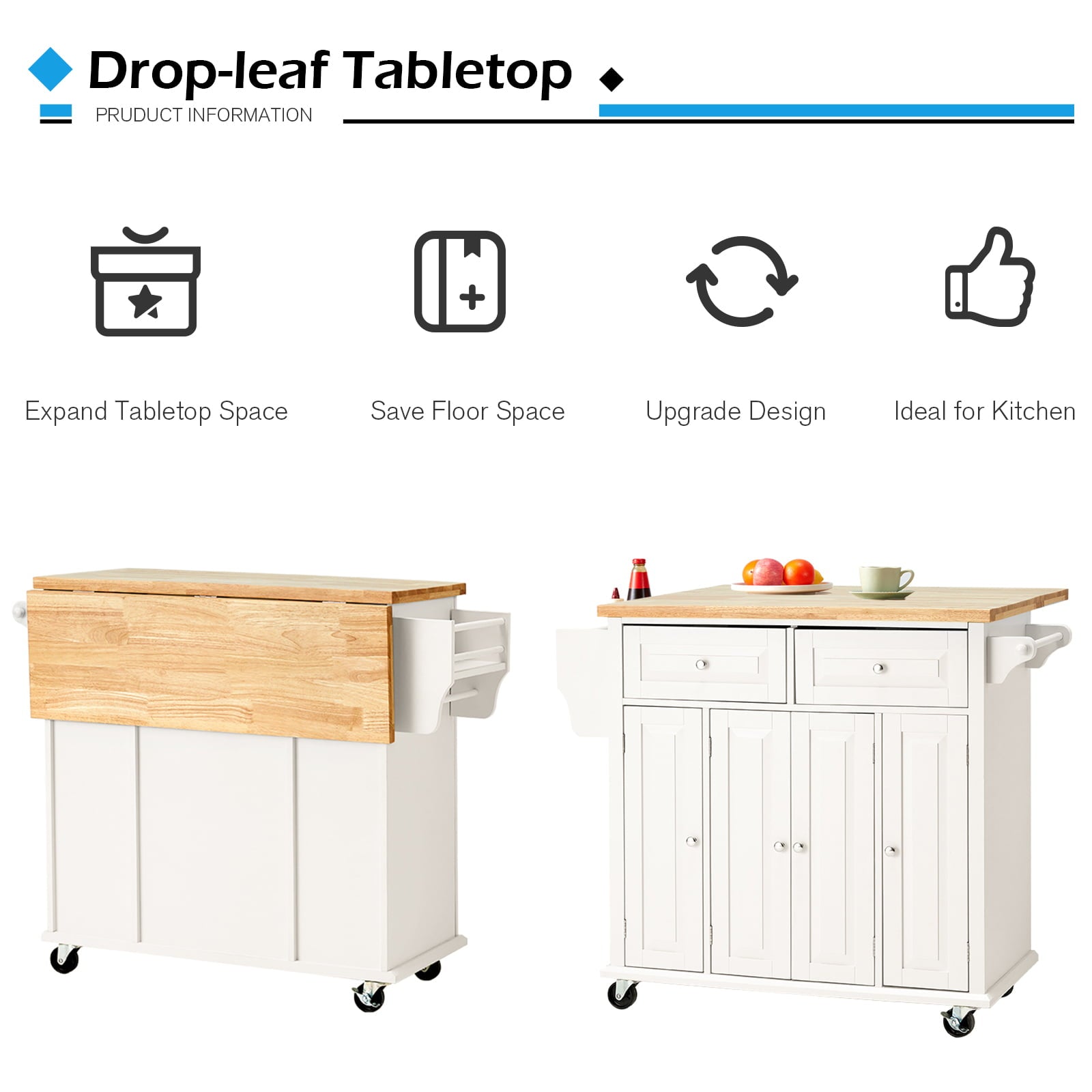 Rolling Kitchen Island Cart with Storage, Kitchen Cart with Drop-Leaf Rubber Wood Tabletop, Lockable Wheels, Trolley Cart Utility Cabinet, Towel Rack, Spice Rack Off-White