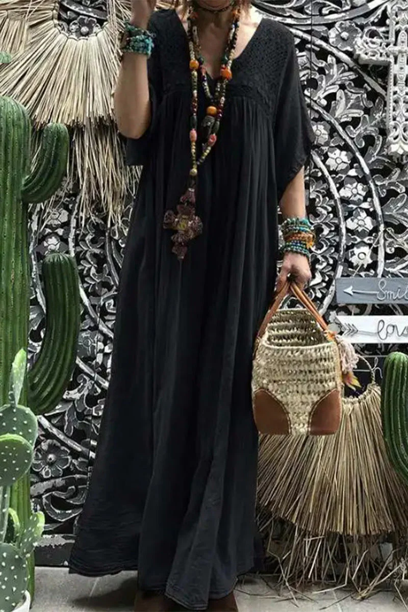 Lace Trim V-Neck Gauzy Maxi DressClistos