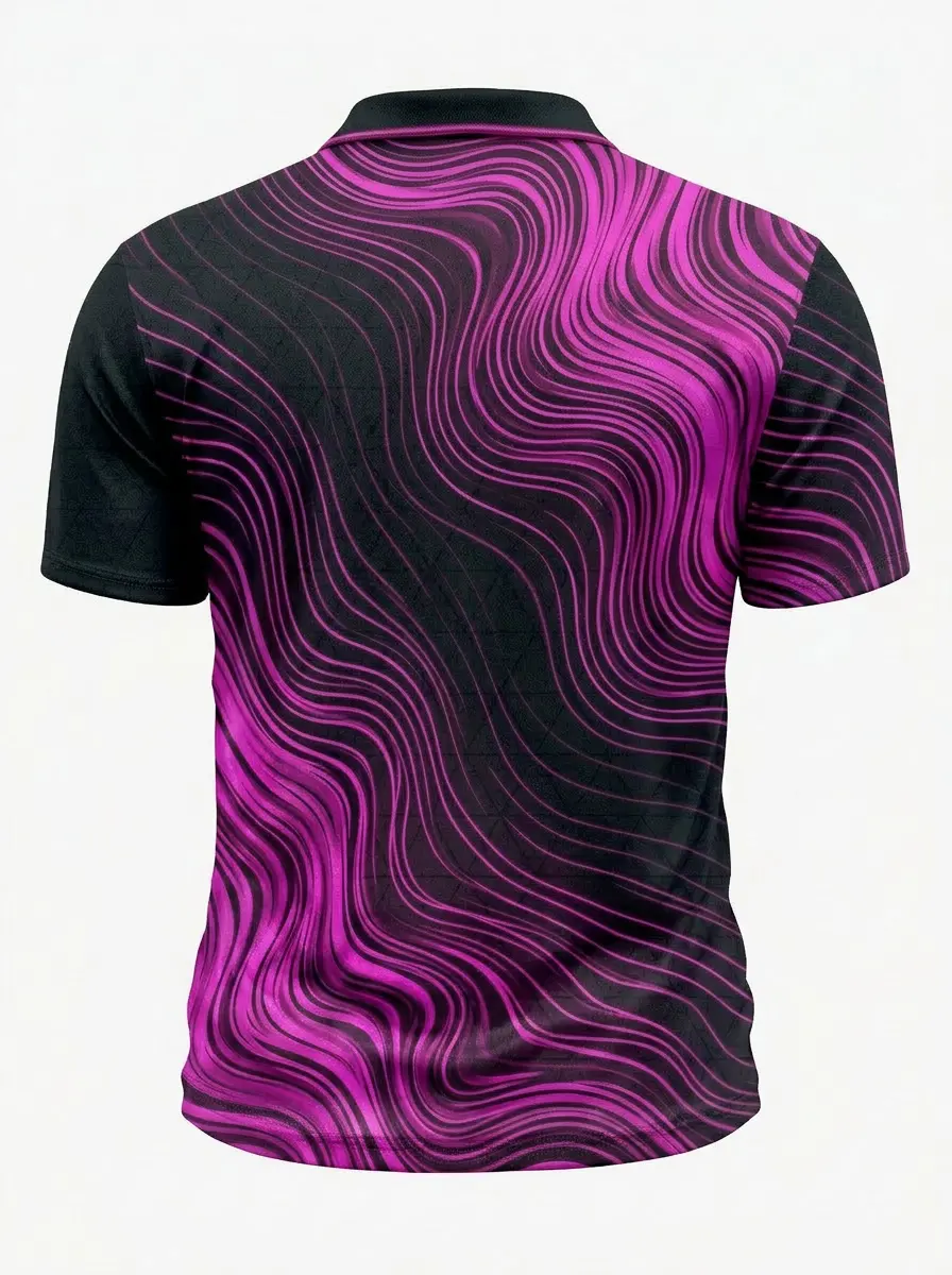 Moisture Wicking Golf Polo 3D Black Purple Wave Stripe Button Short Sleeve Golf Polo Shirt