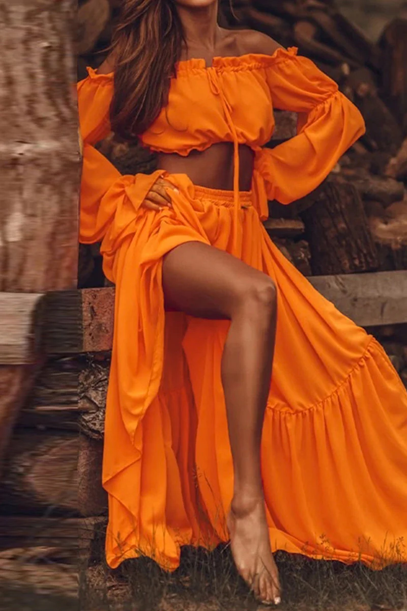 Off Shoulder Maxi Skirt Set with Tie NecklineClistos