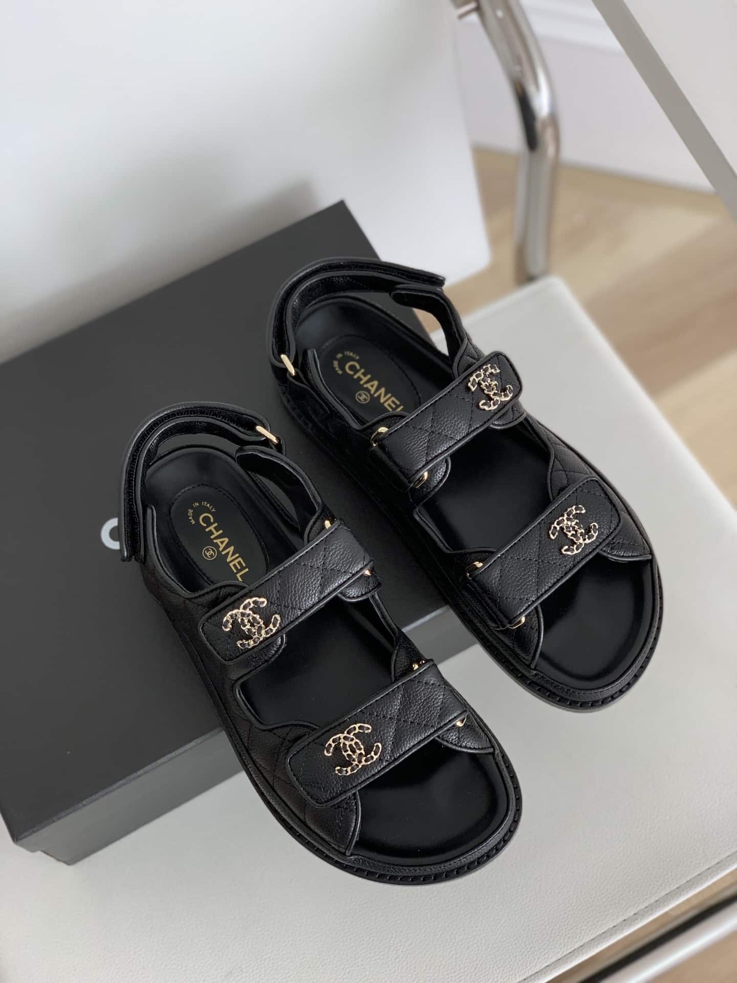 Chanel Cc Button Velcro Black Sandals Grained Calfskin Leather