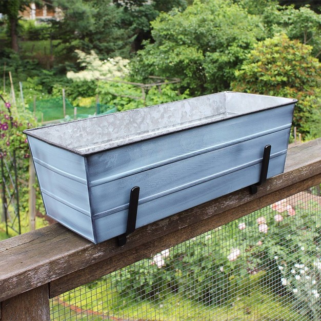 Medium Galvanized Steel Rectangular Box Planter With Brackets For 2 X 6 Railings Nantucket Blue Achla Designs