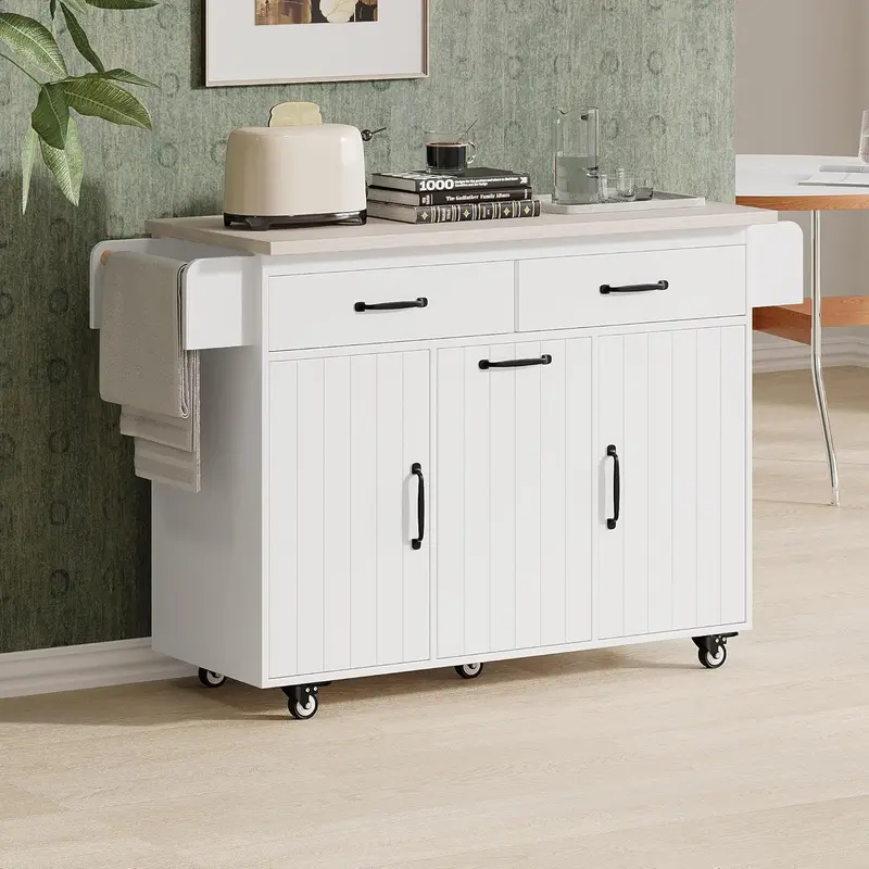White Rolling Kitchen Island – Foldable Trolley with Trash Bin Compartment, Towel Rack, Drawers & Adjustable Shelves
