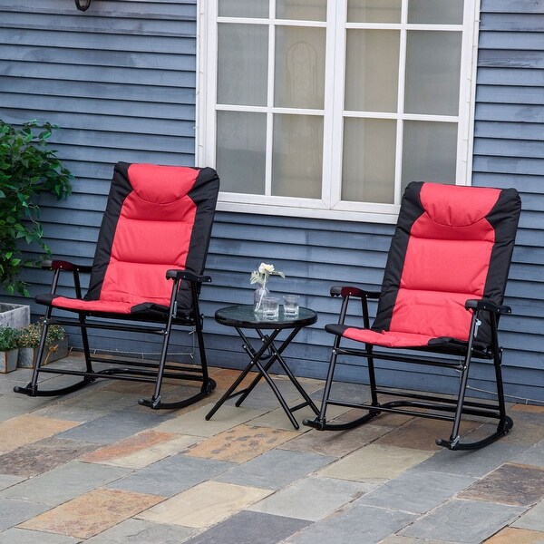3 Piece Patio Furniture Set with 1 Glass Coffee Table and 2 Folding Padded Rocking Chairs
