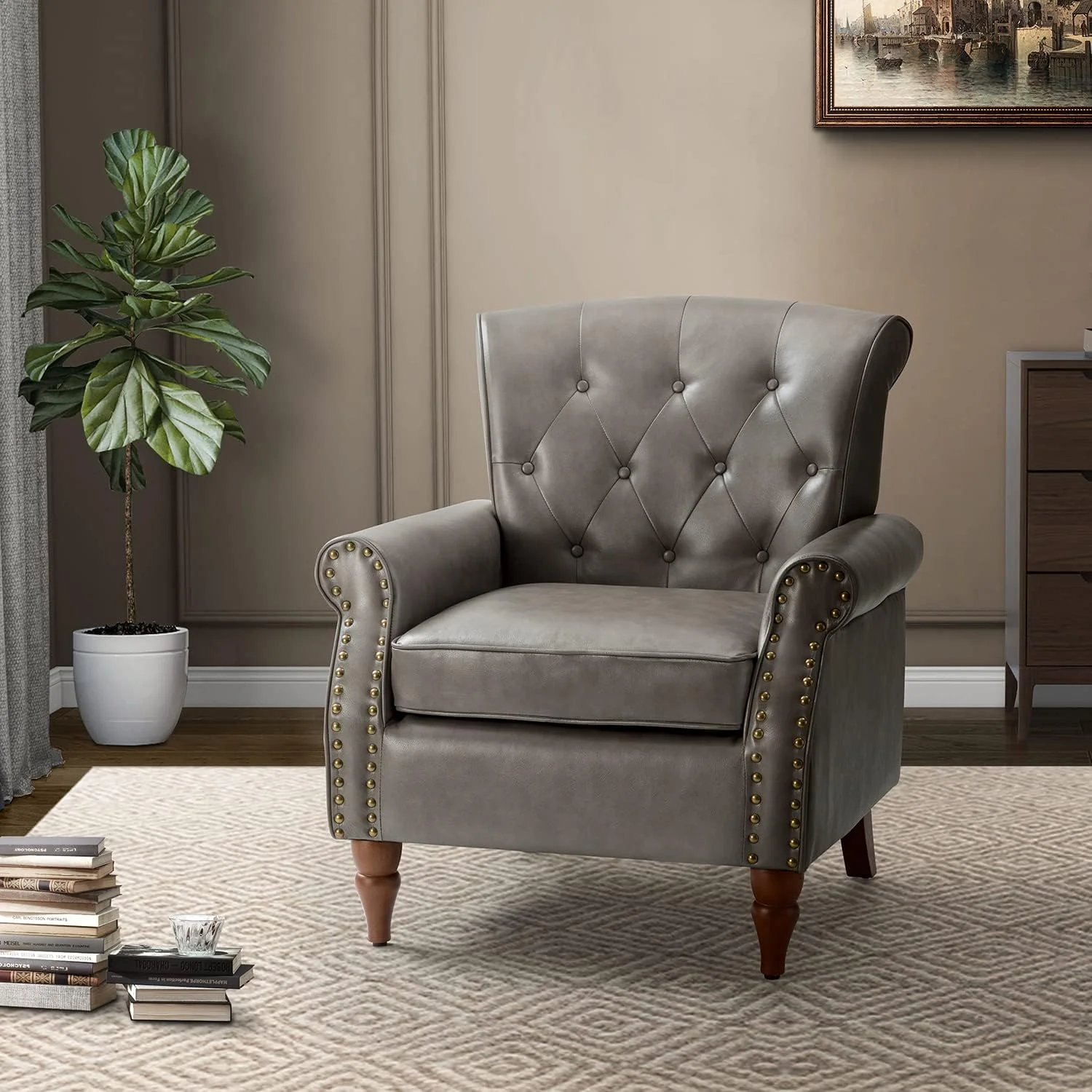Faux Leather Accent Chair -Century Living Room Armchair With Solid Wood Legs Padded PU Leather Arm Chair Button Tufted Back Sofa Chair For Living Room Bedroom Home Reception, Black
