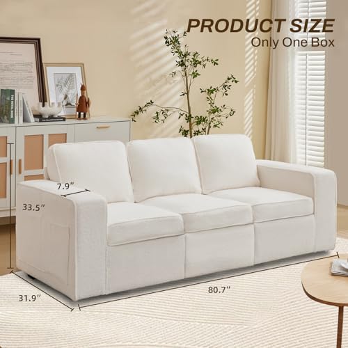 80'' Sofa Couch for Living Room, Mid Century Modern Loveseat Sofa with Side Pocket, 3-Seater Couches for Bedroom, Apartment, Office, Linen Grey