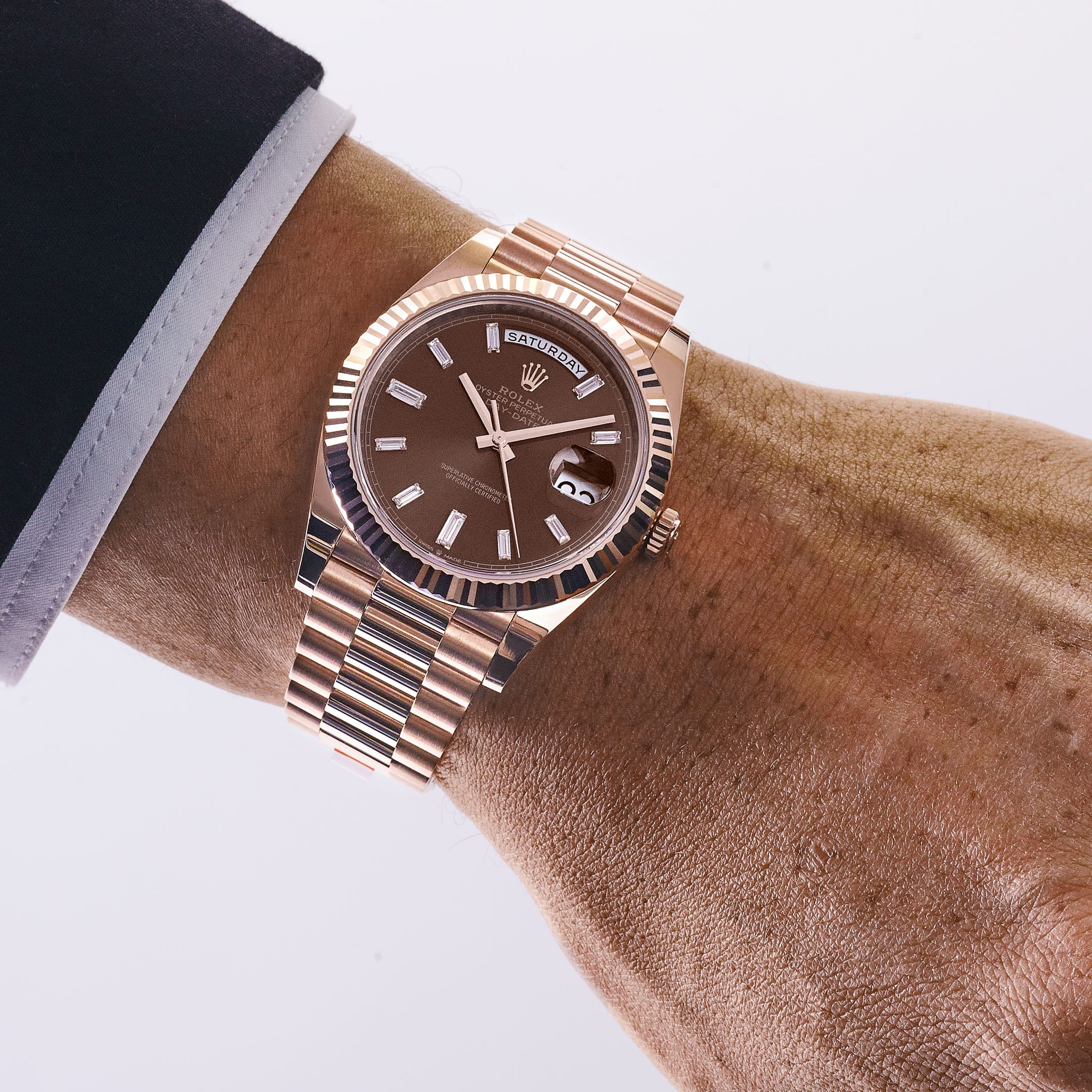 Rolex Day-Date 40 228235 Rose Gold Chocolate Diamond Baguette Dial (2025)