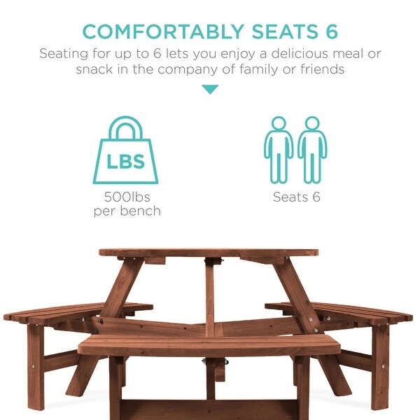 6Person Circular Wooden Picnic Table w/ Umbrella Hole,3 Benches