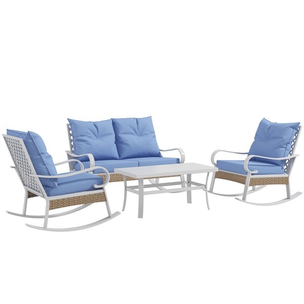 Outsunny 4 Piece Patio Furniture Set with Loveseat Sofa,Rocking Chairs,Coffee Table