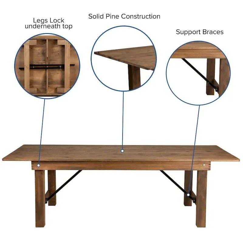Rustic Farmhouse Folding Table Set – 8′ x 40′ Expandable Dining Table with 10 Crossback Chairs and Seat Cushions