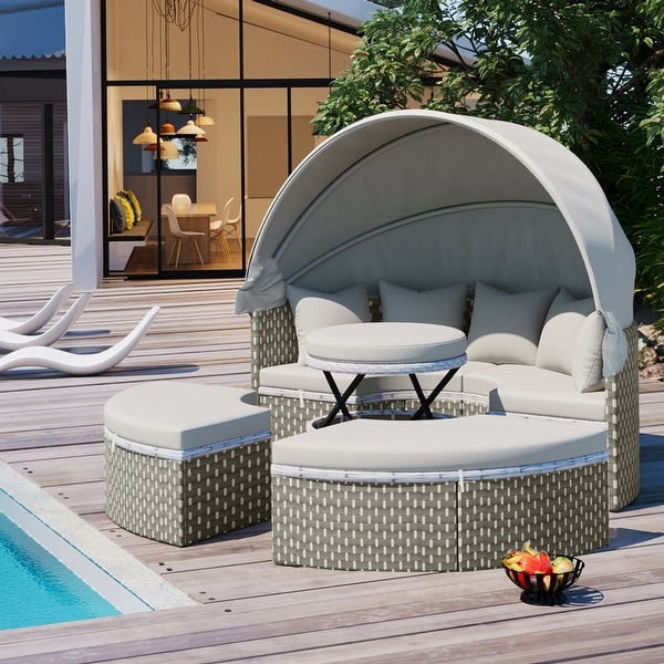 Patio Furniture Sectional Sofa Set Daybed with Retractable Canopy