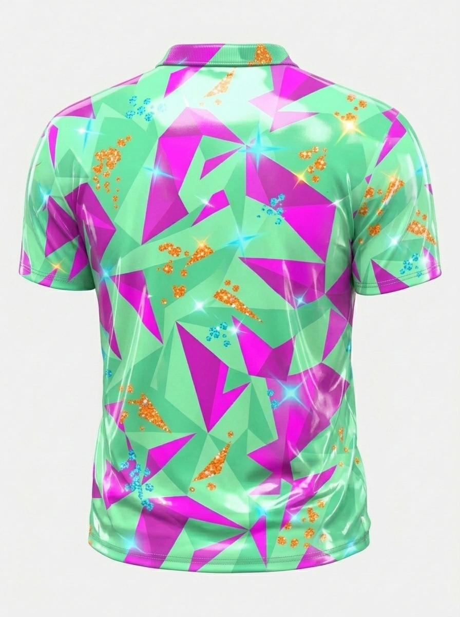 Moisture Wicking Golf Polo 3D Green Purple Geometric Glitter Button Short Sleeve Golf Polo Shirt