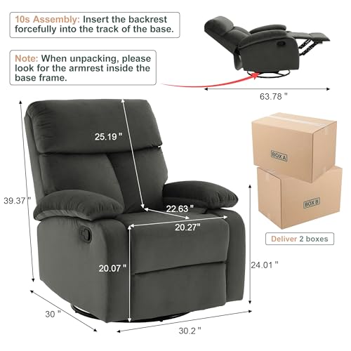Swivel Rocker Recliner, Rocking Recliner Chair, Small Rocker Recliners for Small Spaces, Living Room, Bedroom, Nursery, RV, Light Grey