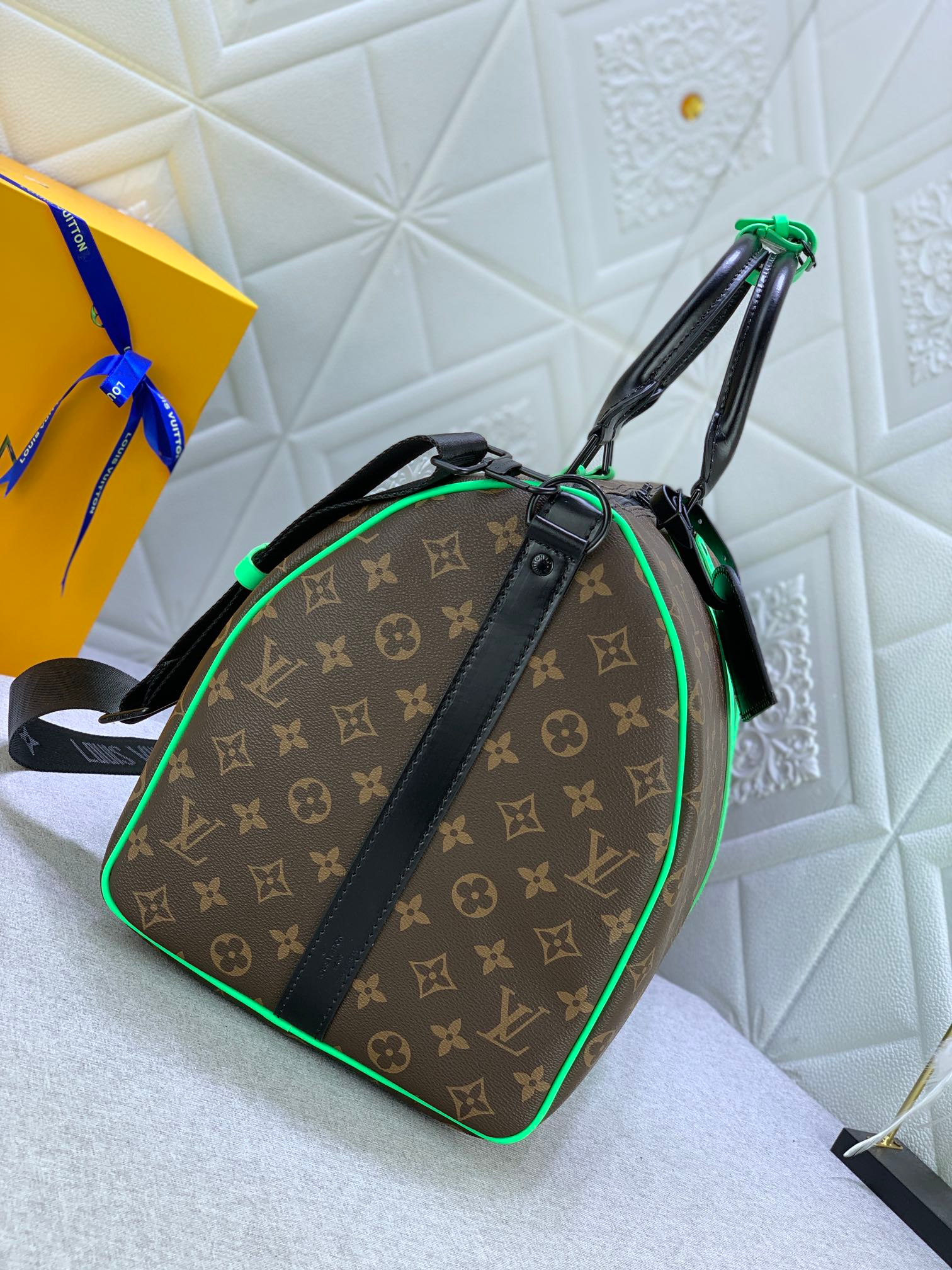 Louis Vuitton Keepall Bandoulire 50 Brown And Mint Line Macassar Canvas M46259