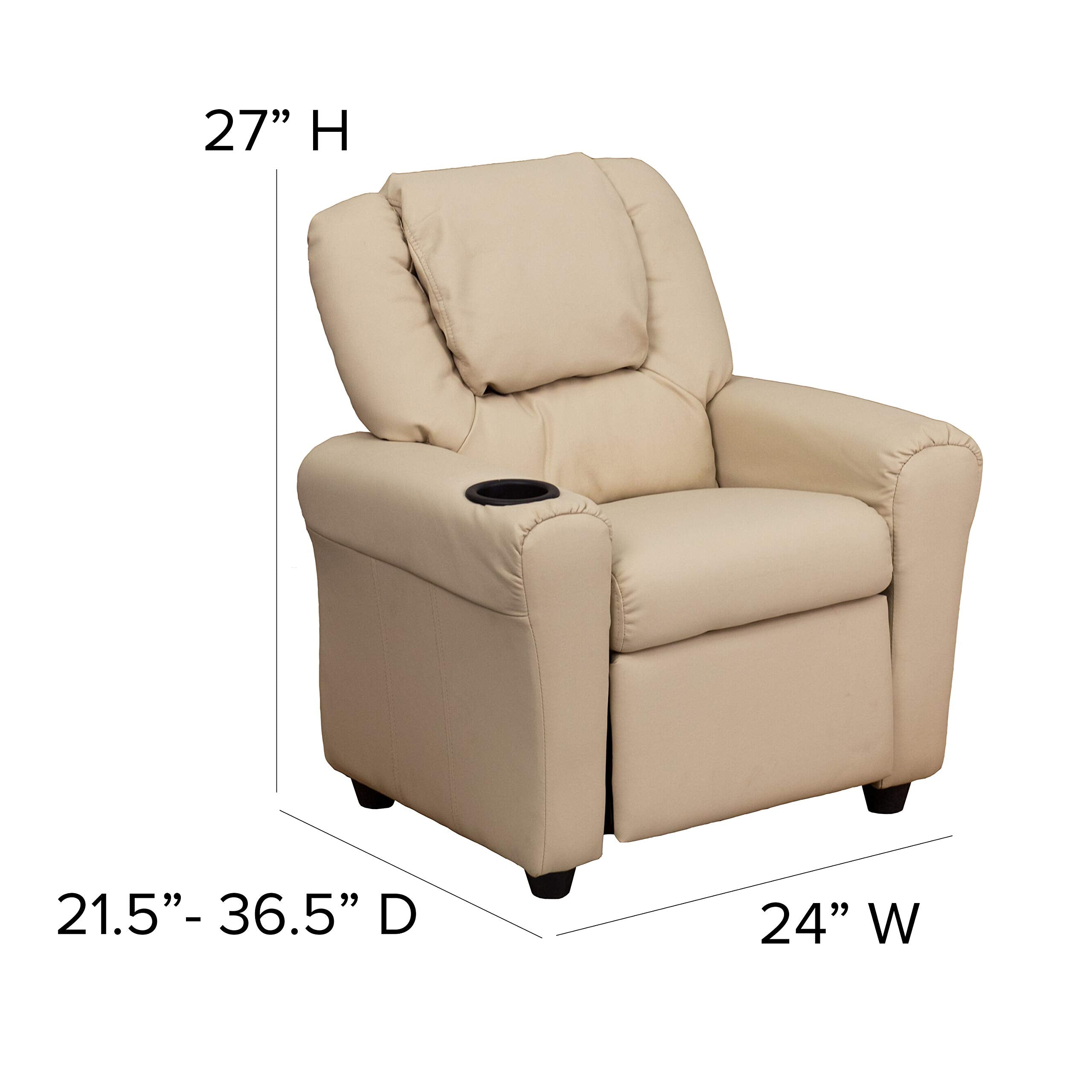 EMMA + OLIVER Beige Vinyl Kids Recliner with Cup Holder and Headrest
