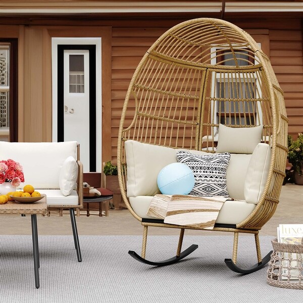 Moasis Outdoor Rocking Egg Chair,AllWeather Wicker Patio Rocking Basket Chair with Cushions
